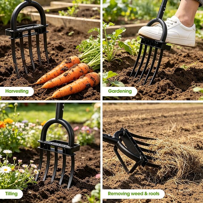 Broad Fork Garden Tool, 50” Heavy Duty Broadfork Hand Tiller with Double 5 Sharp Tines, Garden Pitchfork with Ergonomic D-Shaped Handle, Spading Digging Fork for Compost Soil Cultivating Loosening