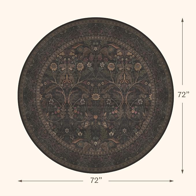 Brown Floral 6ft Round Rug for Living Room Kitchen Dining Room Under Table, Thin Low Pile Soft Botanical Patern Area Rug for Living Room Bedroom, Traditional Home Décor Non Skid (Black and Brown)