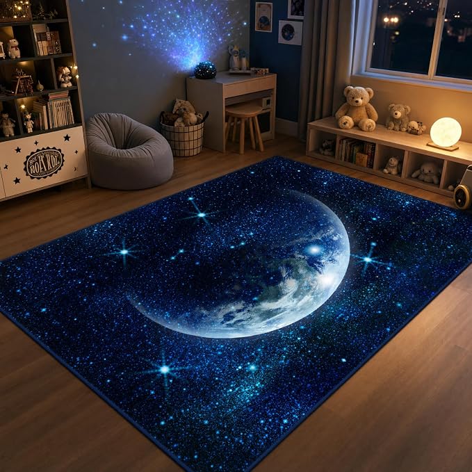 9CH Galaxy Rug for Kids Bedroom, Dark Blue Space Rug with Starry Sky Design, Soft Washable Celestial Moon Carpet for Boys Girls Playroom Living Room 5' X 7'