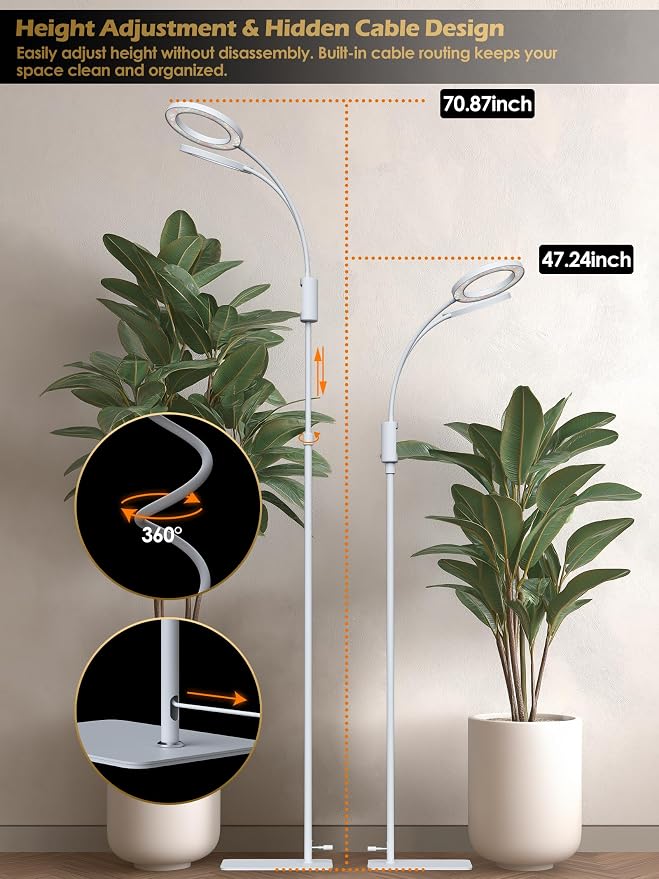 Smart Grow Lights for Indoor Plants, Plant Light with Auto-Timer, Full Spectrum LED Grow Light, Adjustable Height & Stepless Dimming,Plant Assistant Suitable for Most Plants (White, Dual Heads)
