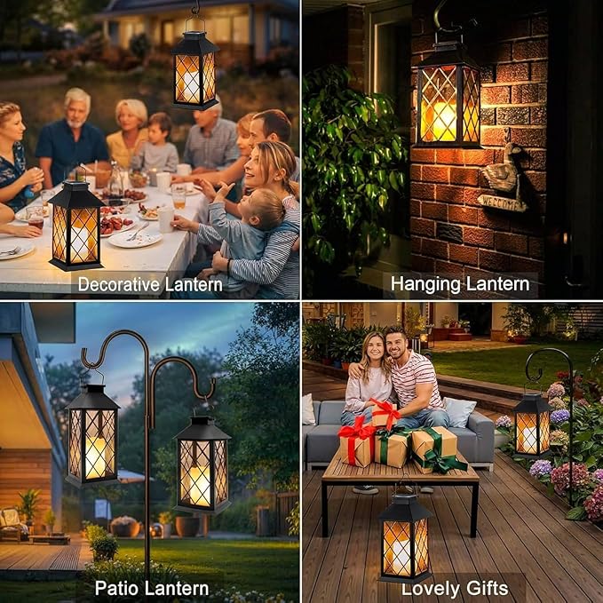 Yowin Solar Lanterns Outdoor Waterproof 14" Large Tempered Glass Solar Hanging Lantern for Outside with Flickering Candle, Mother's Gift Ideas, Wall Lamps for Garden Patio Vintage Decorations - Black