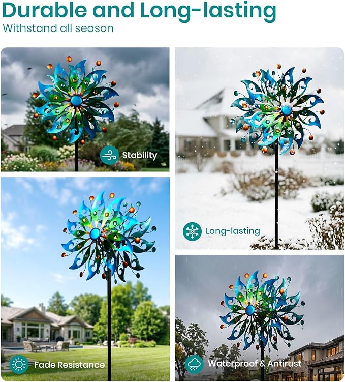 87" Large Solar Wind Spinners Outdoor, Peacock Metal Garden Decor | Handcrafted,Large,Solar-Powered Color-Changing,Rust-Proof,Weather-Resistant,Heavy-Duty,Tool-Free Assembly,Peacock