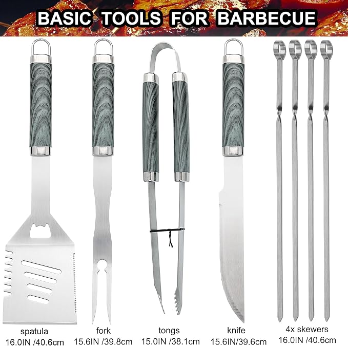 grilljoy 24PCS BBQ Grill Tools Set with Meat Thermometer and Injector - Extra Thick Stainless Steel Fork, Spatula& Tongs - Complete BBQ Accessories in - Perfect Grill Gifts for Father's Day