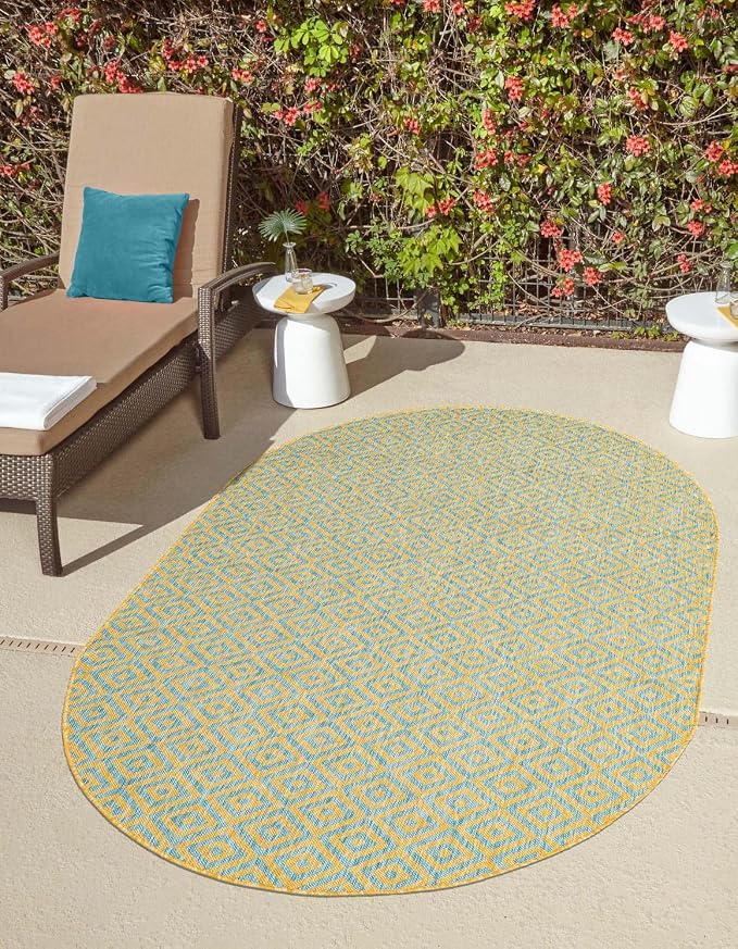 Unique Loom Jill Zarin Jill Zarin Outdoor Collection Area Rug - Costa Rica (5' 3" x 8' Oval, Yellow and Aqua/Light Blue)
