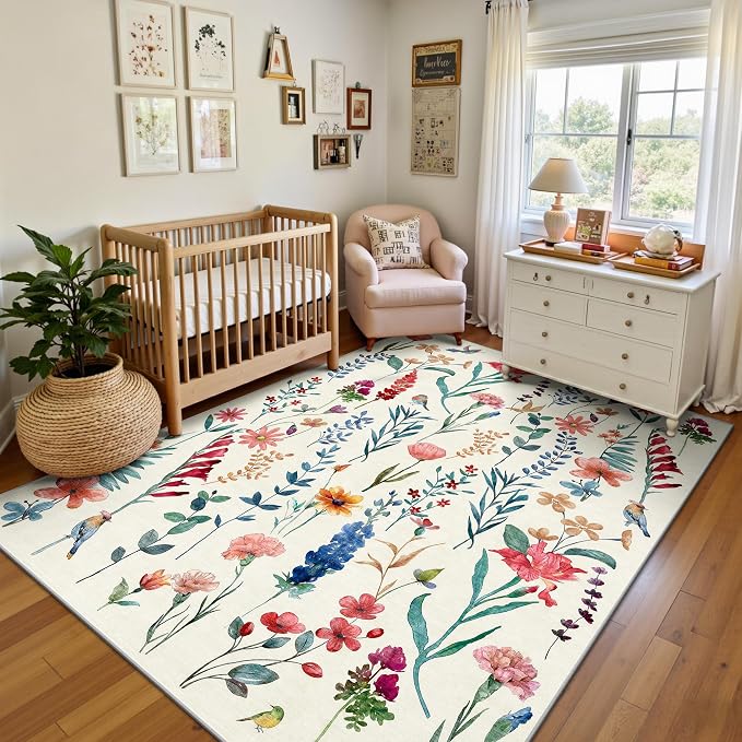 5x7 Area Rugs, Floral Washable Rugs for Living Room, Dining Room, Non-Slip Non Shedding Low Pile Home Decor Durable Bedroom Rug(Beige Floral)