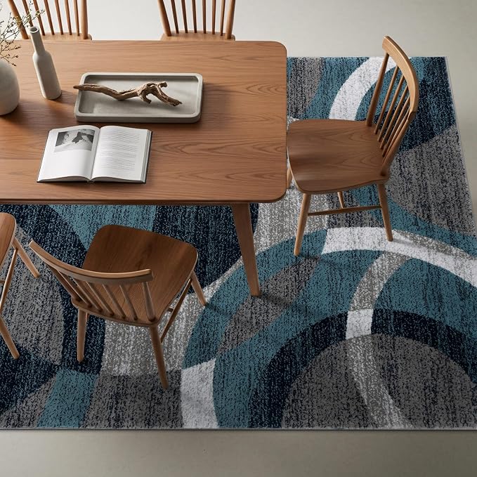 Rugshop Overlapping Circle Modern Geometric Area Rug Blue 5'3" x 7'3" | Indoor, Non-Shedding, Rectangular, Size 5'3" x 7'3", Living Room, Bedroom, Dining Room, Home Office, Kitchen, Entryway