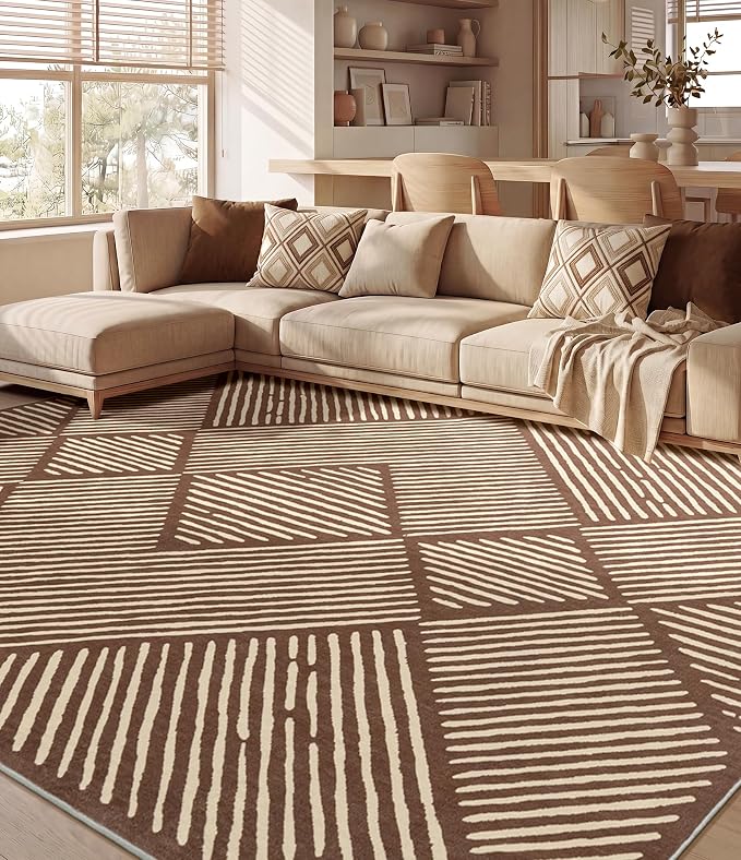 8‘x10' Washable Brown Stripe Modern Area Rug for Living Room | Soft, Non-Slip, Low Pile, Large Earth Tone Geometric Rug for Bedroom Dining Room