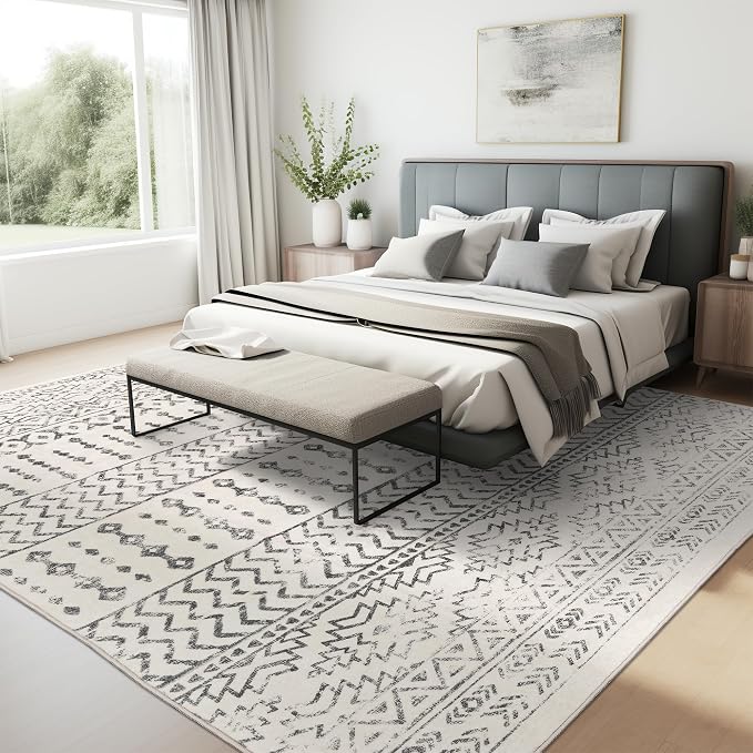 Art&Tuft 9x12 Area Rugs for Living Room, Large Washable Area Rug, Ivory | Low Pile, Soft & Lighweight, Folable, Stain Resistant Indoor Floor Mat Moroccan Carpet for Bedroom, Dining Room, Home Office