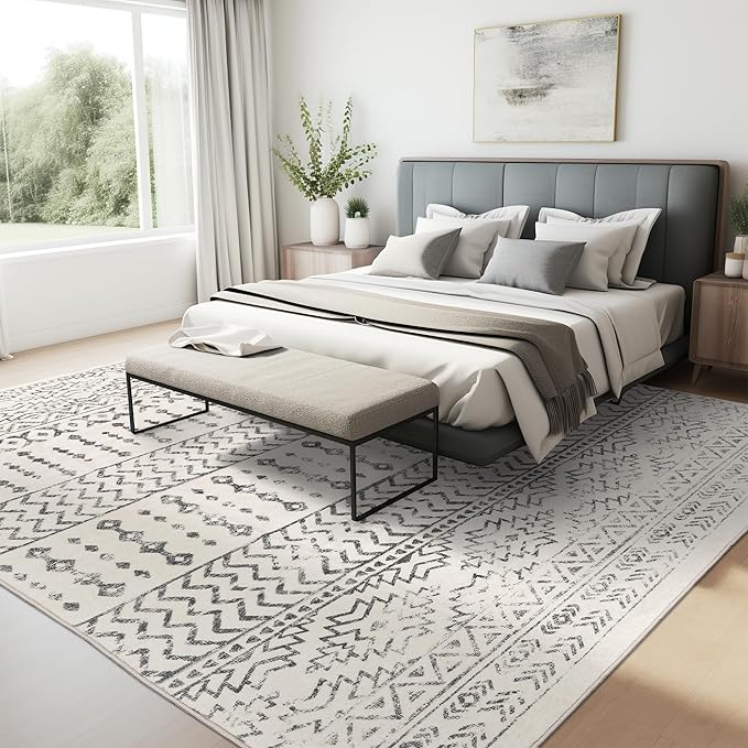 Art&Tuft 5x7 Area Rugs Non Slip, Thin Washable Rugs for Living Room, Ivory | Low Pile, Soft & Lighweight, Folable, Stain Resistant Indoor Moroccan Carpet for Bedroom, Kitchen, Dining Room, Home Office