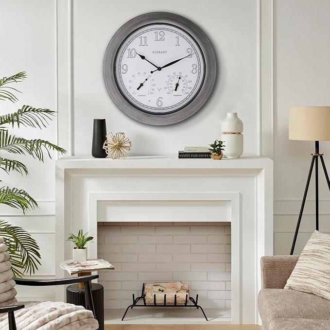 CLXEAST 18 Inch Farmhouse Illuminated Outdoor Atomic Wall Clock with Thermometer & Hygrometer Combo, Night Lighted Wall Clock with Smart Sensor,Brushed Grey Oak Finish