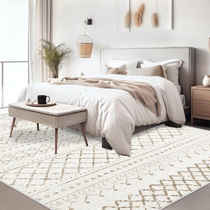 Area Rug Living Room Rugs 5x7 - Large Soft Boho Geometric Rugs, Non-Slip Foldable Washable Area Rug Non Shedding Morden Indoor Floor Carpet for Living Bedroom Office Dining Room (Brown,5' x 7')