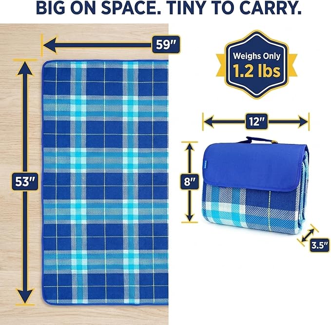 Outdoor Picnic Blanket Water-Resistant Backing, Soft Fleece Beach Mat,Camping Rug (Blue)