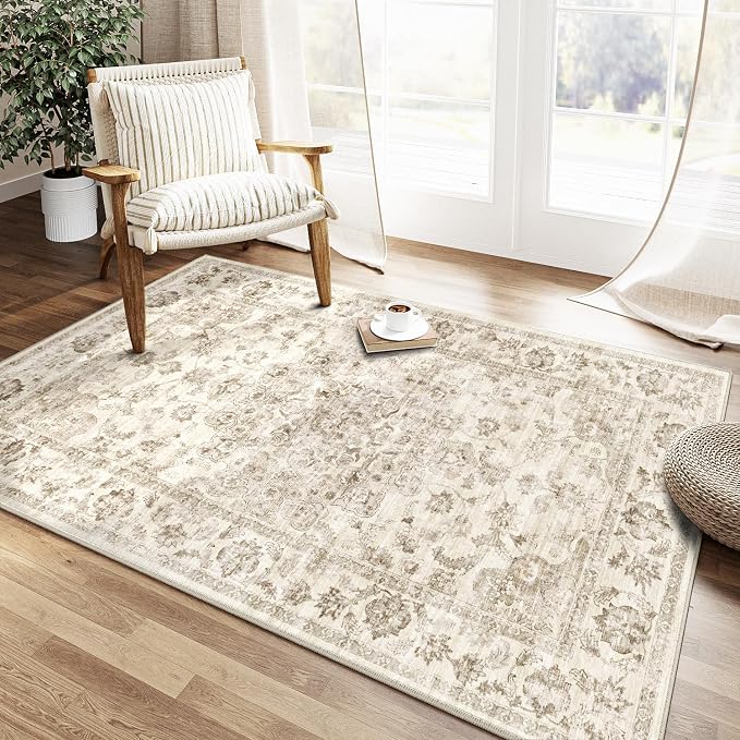 3x4 Beige Neutral Area Rug | Washable, Non Slip, Soft Low Pile, Vintage Farmhouse, for Entryway Kitchen Bathroom Living Room Bedroom Indoor Home Decor