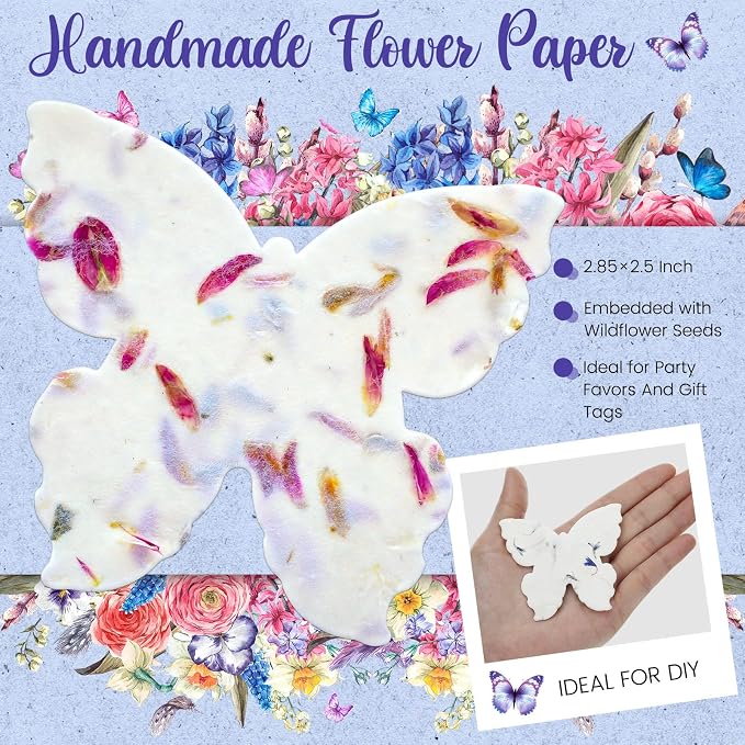 Dunzoom 50 Pcs Handmade Seed Paper Plantable Wildflower Seed Paper Recycled Flower Petals Tags Wedding Favors for Guests Craft Gifts Cards for Envelope Birthday Party, 5 Styles (Butterfly Shape)