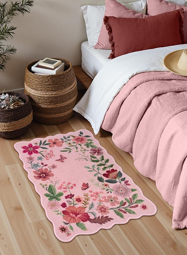 Lahome Floral Washable Entryway Rug, 2X3 Soft Kitchen Rugs Non-Slip | Ultra-Thin Door Mat Indoor Entrance Stain Resistant Boho Small Throw Carpet for Bathroom Bedroom Entry Flore, Pink