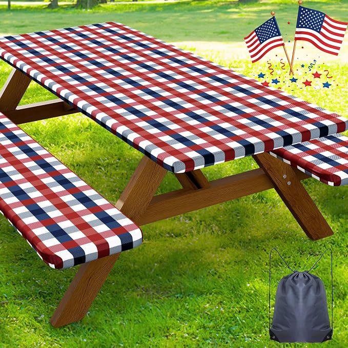 Smiry Picnic Table Cover with Bench Covers, Waterproof Elastic Fitted Tablecloths for 5 Foot Rectangle Tables, Washable Buffalo Plaid Tablecloth for Camping, Outdoor (Red & Blue, 30"x60")