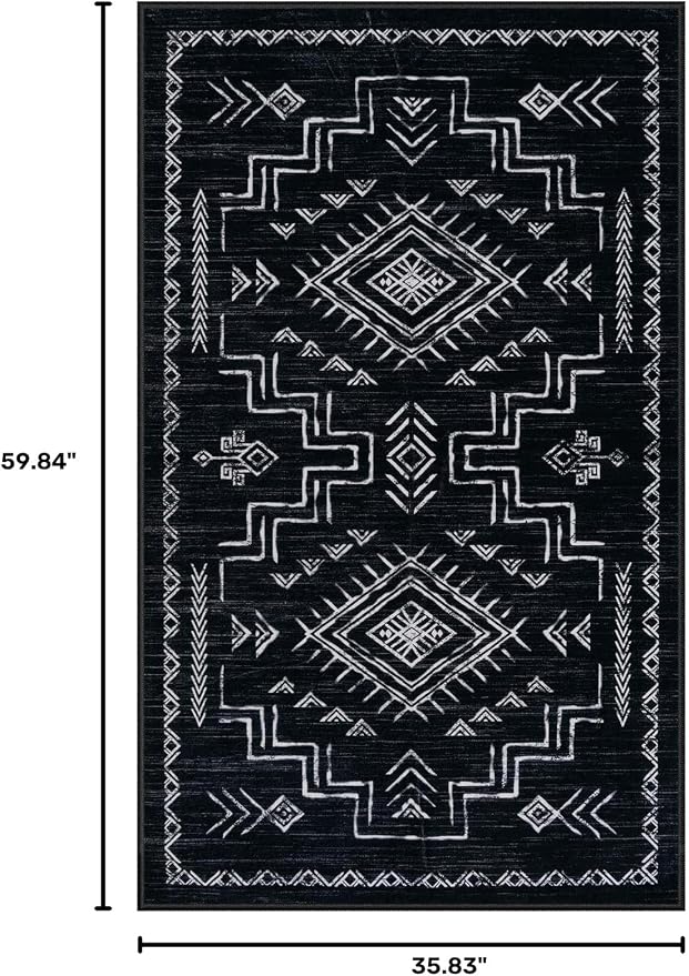 STARUIA 3x5 Washable Area Rug Western, Non-Slip Small Entryway Rug Black Aztec Tribal Classic Boys Rug for Bedroom Living Room Low-Pile Carpet for Indoor Kitchen Bathroom(Black 3'x5')