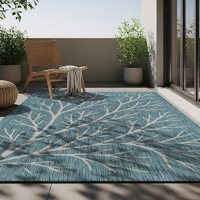 Washable Indoor Outdoor Rug 8x10 Modern Area Rugs Branch Pattern Non Shedding Waterproof Easy Clean Patio Deck Porch Living Room Bedroom Garden RV (8 X 10 Aqua)