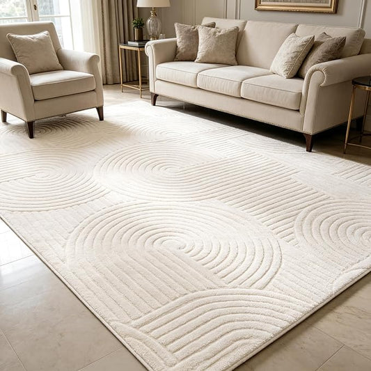 Beige Geometric 5x7 Solid Area Rug, Washable Living Room Rug | Ultra Soft Boho Pattern Minimalist Non-Slip Carpet, Rugs for Bedroom, Bedsied, Kids Room, Nursery, Apartment, Home Office