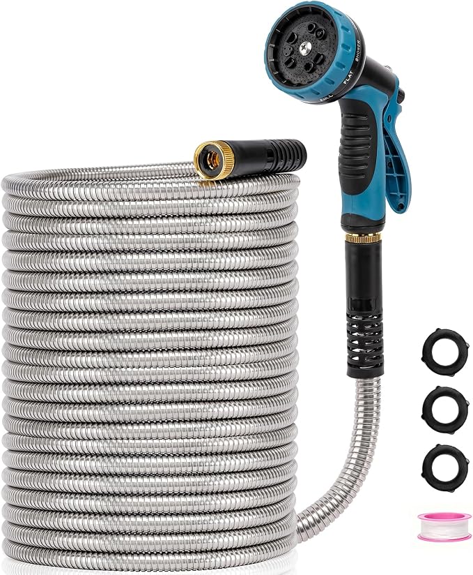 Metal Garden Hose 100 ft x 5/8 in OD with 10 Pattern Sprayer Nozzle, Stainless Steel Water Hose, Non Expandable Flexible Kink Resistant Heavy Duty Hose for Yard, Car Washing and Pet Bath