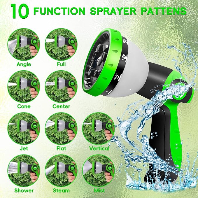 Junredy Garden Hose 50 FT, NON-EXPANDABLE Heavy-Duty Flexible & Lightweight Water Hose with 10-Function Nozzle, No-Kink, Leak-Proof Super Fabric, Solid Fittings for Lawn, Car, Outdoor (Black Green)