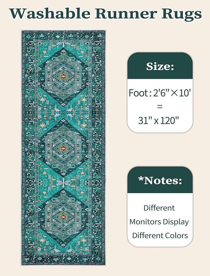 SERISSA 2'6"x10' Washable Non Slip Boho Runner Rug for Hallway，Teal | Ultra Soft Vintage Oriental Carpet Low-Pile Tribal Floor Carpet for Kitchen Bedroom Bathroom Laundry Room