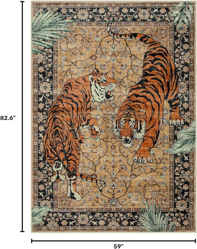 Moynesa Tiger 5x7 Area Rugs, Boho Washable Rugs for Living Room, Vintage Soft Dining Room Rug, Non Slip Ultra Thin Stain Resistant Large Floor Carpet for Office Bedroom, Camel
