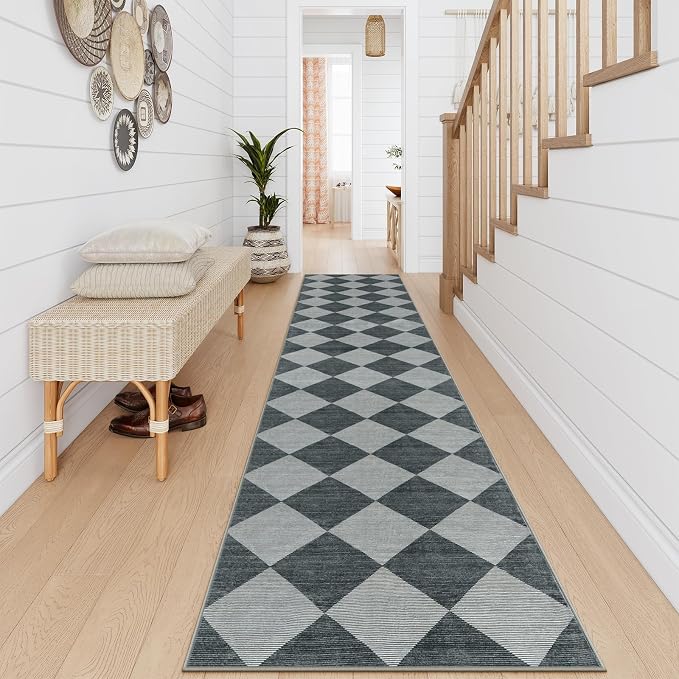 Beeiva Checkered Rug Runner for Hallways 2.5x12, Kitchen Runner Rugs Non Skid Washable Ultra Thin, Moroccan Extra Long Carpet for Bathroom Decor, Modern Plaid Carpet for Kitchen (Blue/Grey)
