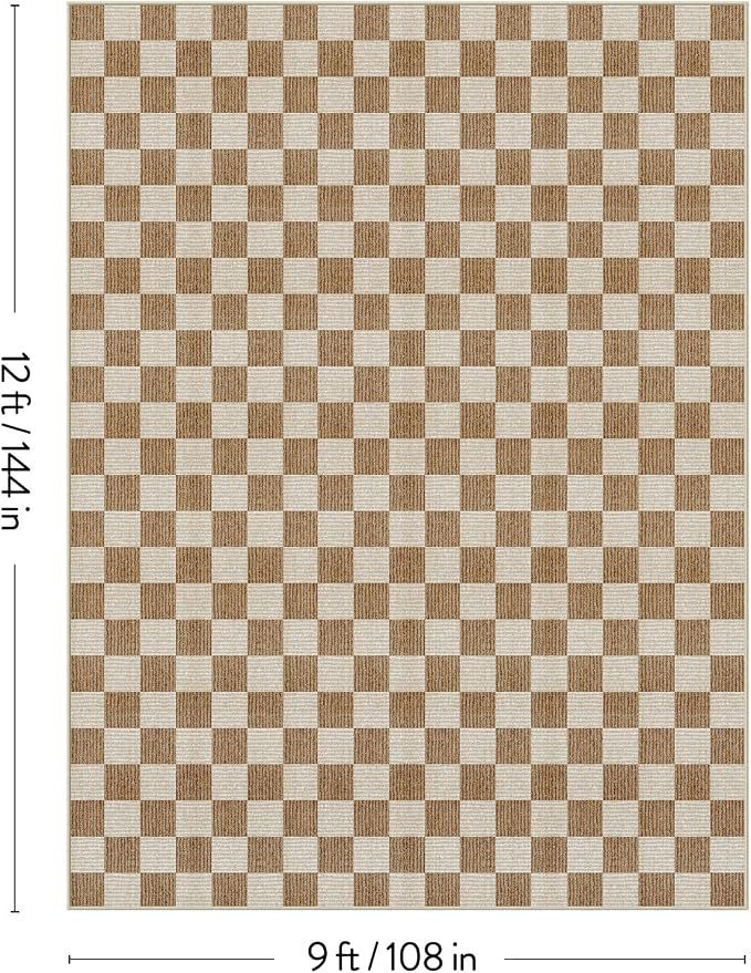 LIVEBOX 9x12 Area Rugs for Living Room, Checkered Non-Slip Washable Rugs, Farmhouse Neutral Classic Geometric Large Boys Area Rug for Bedroom, Carpet for Living Dining Room Office(Brown,9'x12')