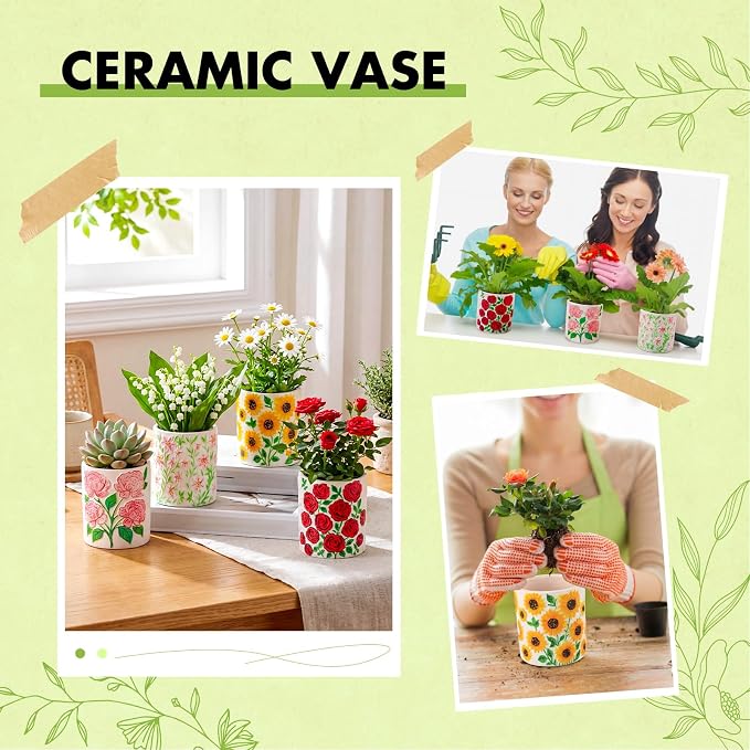 Zubebe 12 Pcs Paint Your Own Ceramic Pots Bulk Unfinished Succulent Pots Craft Kit with Drainage Hole Mini Paintable Plant Vase Ready to Paint Planter for Cactus DIY Craft (Elegant Flowers Cylinder)