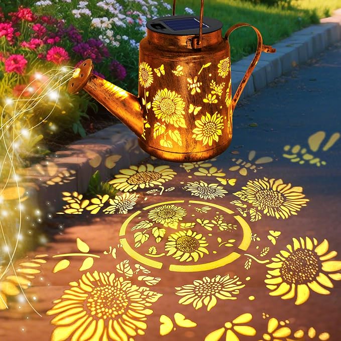 VOOKRY Solar Lights Outdoor Waterproof, Sunflower Metal Solar Watering Can Lights, Gifts for Women Mom Birthday, Hanging Lantern Decorative Garden Decor Yard Light for Outside Patio Lawn Porch