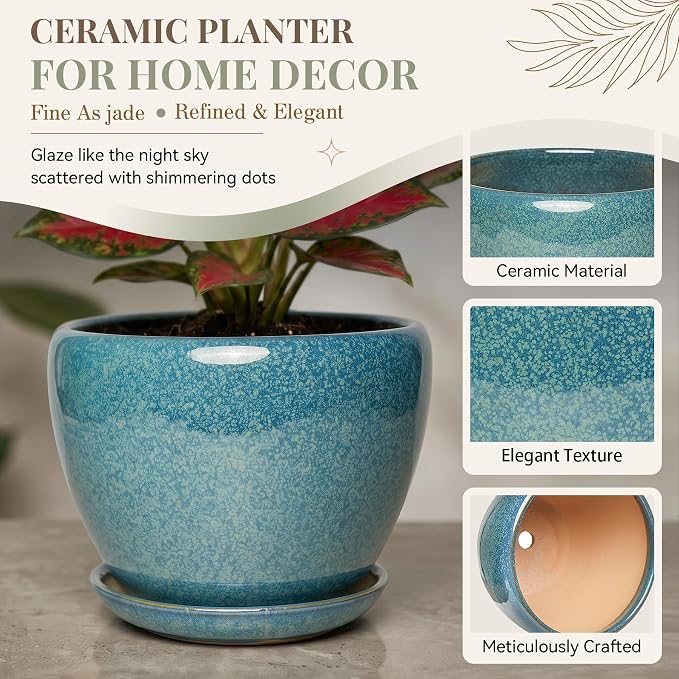 11 Inch Ceramic Plant Pot with Drainage Hole Mesh Net, Large Gardening Pots for Indoor Plants with Saucer, Crackle Blue