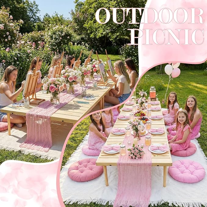 Beeveer 118" x 71" Extra Large Outdoor Picnic Blanket with Pink Table Runner 8 Napkins and 8 Pink Floor Pillows Cushions for Picnic Party Camping Wedding Bachelorette Birthday Baby Shower Decor