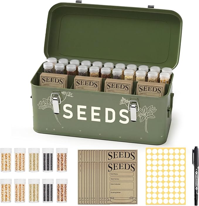 Orionstar Metal Seed Storage Organizer Kit with 30 Bottles & Envelopes, 4 Compartment Locking Box for Gardening Heirloom Flower Vegetable Preservation, Vintage Dark Green Gardener Gift