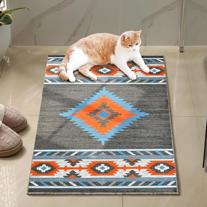 YHSF Southwestern Area Rug - Anti Static & Washable - Lead, 2 ft x 3 ft | Soft Native American Tribal Floor Rugs for Living Room, Bedroom, Hallways, and More - Easy-to-Clean Home Decors