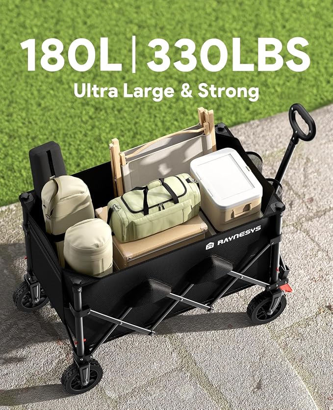 Raynesys Wagons Carts Foldable, Heavy Duty Utility Wagon Cart with All-Terrain Wheels & Brakes, 330lbs Large Capacity Garden Cart, Collapsible Foldable Wagon for Camping Shopping Sports, Black