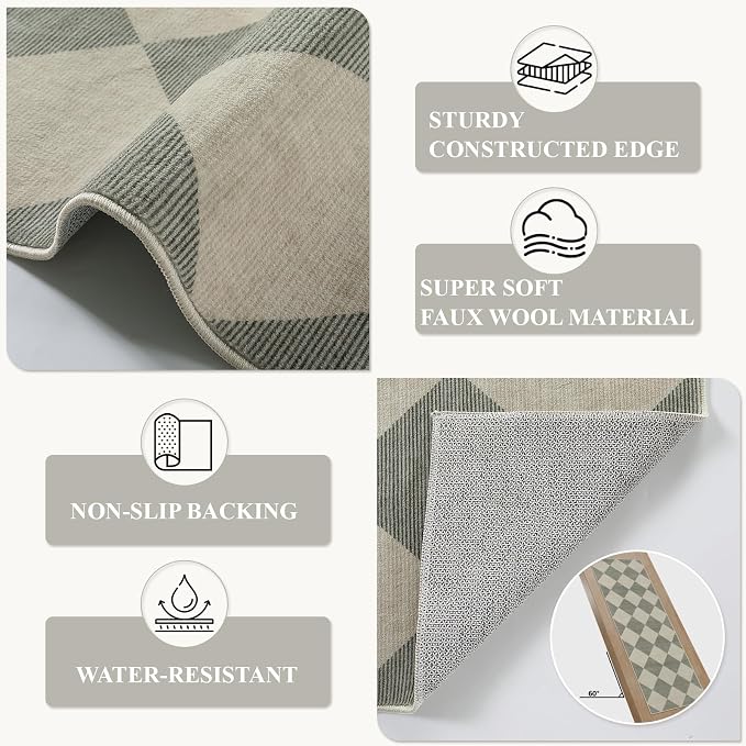 Beeiva Checkered Print Hallway Runner Rug Non Slip, Ultra Thin Washable Kitchen Runner Rug 2x6, Moroccan Neutral Green Soft Floor Carpet for Bedroom Laundry Room, Minimalist Diamond Hallway Decor