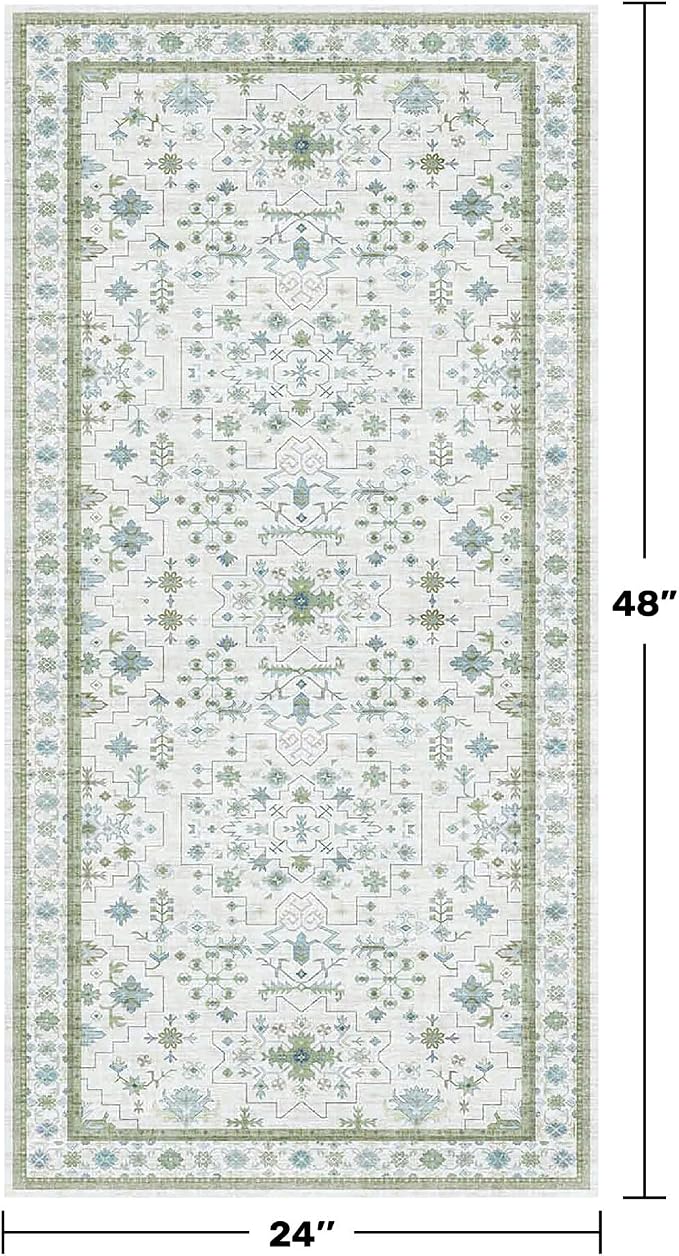 Cream Green and Blue 2x4 Boho Bathroom Rug - Oushak Floral Pastel, Washable Low Pile Non Slip with Rubber Backing Stain Resistant Entryway Rugs Indoor, Small Carpet for Kitchen, Bedroom, Laundry Room