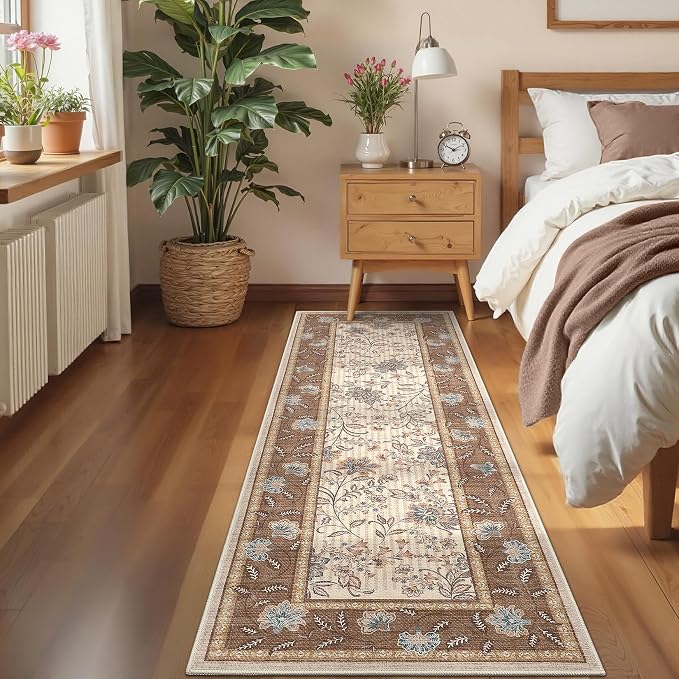 GarveeHome 2x6 Washable Runner Rug Brown Non Slip Kitchen Runner | Hallway Soft Botanical Floral Farmhouse Laundry Mat Stain Resistant Carpet for Bedroom Bathroom Bedside Rug