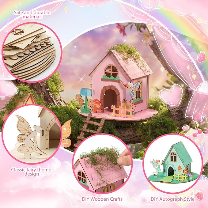 DoubleFill 12 Sets Wooden Fairy House Kit Craft - DIY Fairy Garden with Paints & Decorations - Arts Crafts & Birthday Gift for Craft Activity Party Decor (Cute Tall)