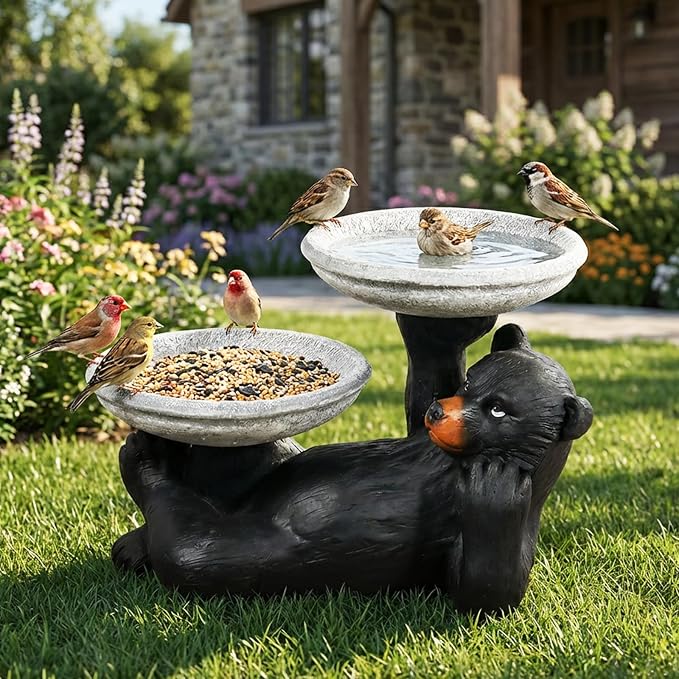 SunJet 18" Fibre Reinforced Concrete Outdoor Birdbath, 2-Tier Black Bear Bird Bath & Bird Feeder, Bird Bath Garden Decor with Dual Basins for Patio, Backyard, Lawn