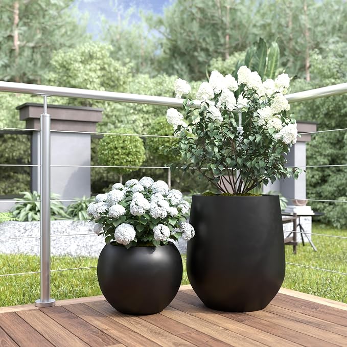 DTY Premium Mt Sherman Fiberstone Sphere Planter for Indoor Outdoor Use, Round Pot for Olive Tree, Lightweight, Smooth Finishes. 2 Extra Coco Mats. Black, Large 21.1'' D x 16.7'' H. 14.6” Pot Opening