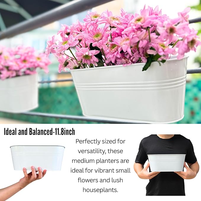 LaLaGreen Rail Planter Outdoor Plants (11.8 Inch, 12 Pack) White Metal Iron Hanging Flower Pots Deck Railings Fence Buckets Modern Countryside Boho Style Wall Mount Window Box Holder Hooks Porch Decor