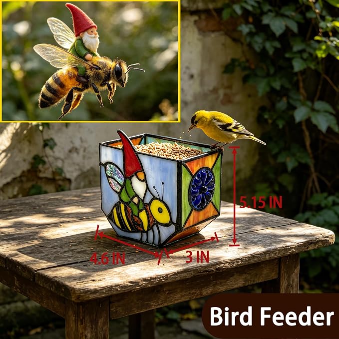 Stained Glass Gnome on Bee Planter,Cute Plant Pot with Drainage for Indoor Plants, Unique Gnome Gifts for Women, Garden Bee Decor for Succulents