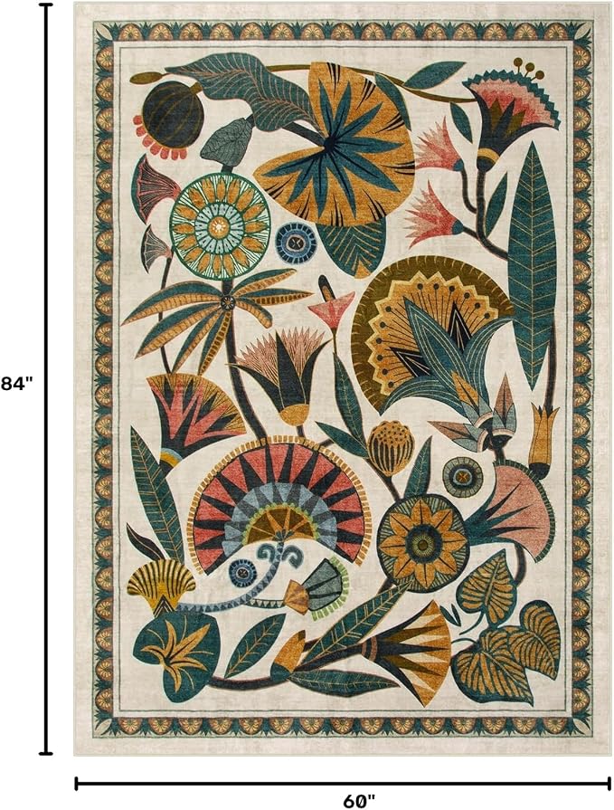 Zealude Egypt Floral Washable Area Rugs for Living Room 5x7 Boho Large Vintage Beige Bedroom Dining Room Rug,Non Slip Soft Throw Carpet for Entryway Kitchen Office Hardwood Playroom (5 x 7)