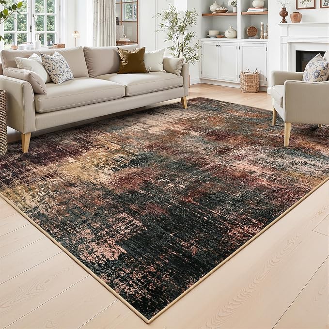 Toneed Washable 5x7 Area Rug with Non-Slip Backing for Living Room | Abstract Modern Rugs, Soft Low Pile Carpet for Bedroom Kitchen Dining Room Nursery Indoor Floor Home Decor, Dark Earthy Tone