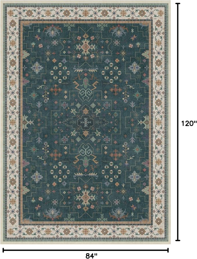 Dark Green Vintage 7x10 Washable Rugs for Living Room - Dark Academia Victorian Floral Geometric Bedroom Rug, Ultra Soft Thin Low Pile Non-Slip Large Rugs for Lounge