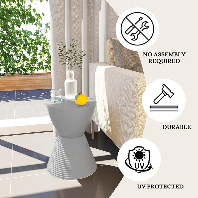 LeisureMod Side Table Modern ABS Ribbed Hourglass End Table Compact Accent Drum Table with Removable Lid for Storage Indoor and Outdoor Use 16.75" H x 11.75" W x 11.75" D Boyd Series in Light Grey