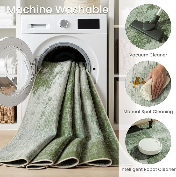 5'x7' Sage Green Faded Abstract Faux Wool Area Rug Living Room Soft | Modern Machine Wash Non-Slip Rug Throws, Kid-Friendly Low Profile Carpet for Bedroom, Kids Room, Farmhouse Under Bed, Green