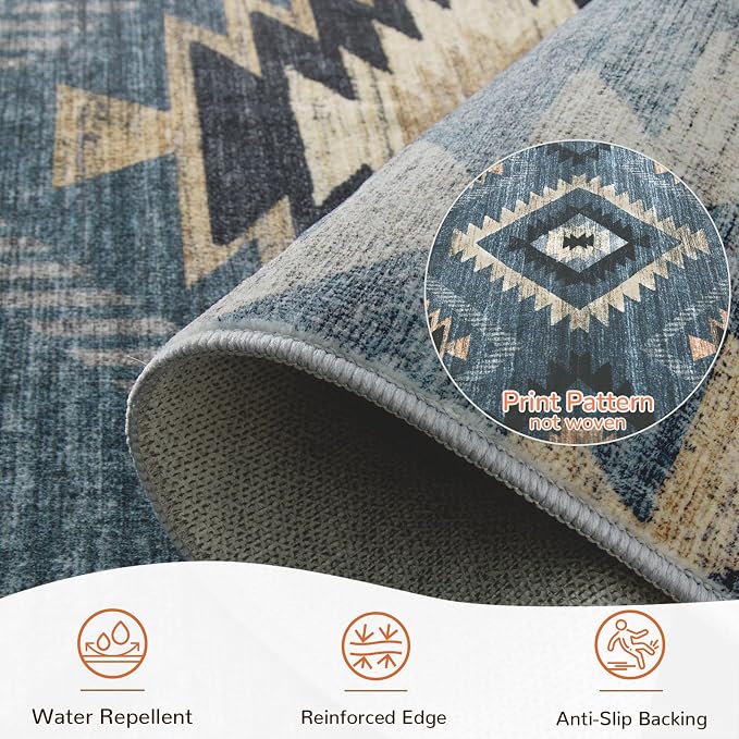 9'x12' Washable Area Rug for Living Room Bedroom Navy/Grey | Soft Western No Slip Low Pile Print Foldable Indoor for Kitchen Dining Room